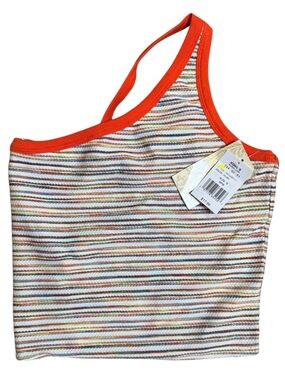 NWT Rewind Small Orange-Trim Multi-Stripe One-Shoulder Crop Top